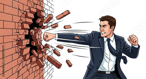 Businessman Breaking Through Brick Wall.