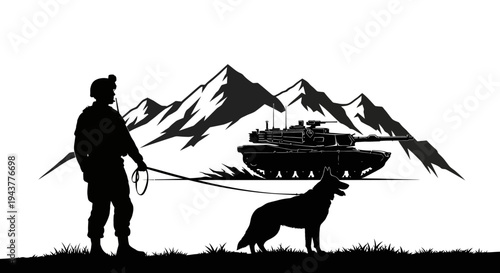 Soldier with Dog and Tank Silhouette Against Mountains