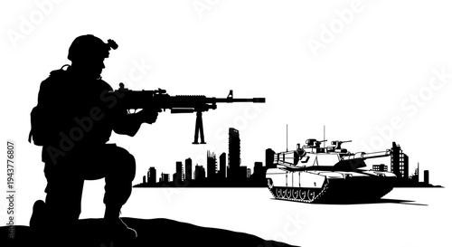 Soldier with Machine Gun and Tank Silhouette Against City Skyline