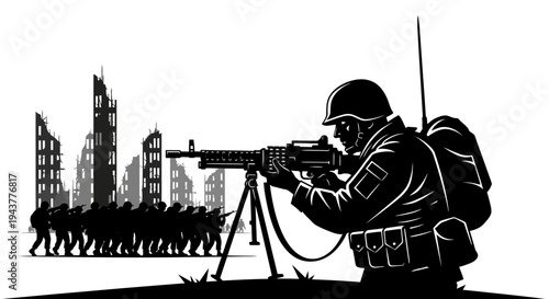 Soldier with Machine Gun Defending Ruined Cityscape, Military Advance