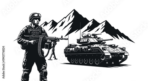 Soldier with Machine Gun and Tank in Mountainous Terrain