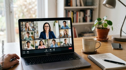 Foto Remote worker on laptop with virtual classroom video call on screen online meeti
