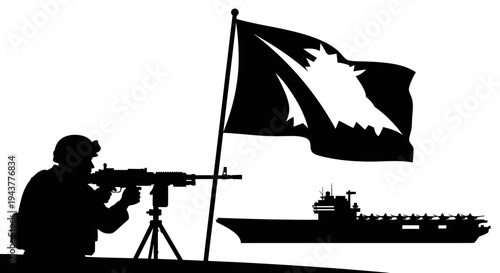 Soldier with Machine Gun, Aircraft Carrier, and Flag Silhouette