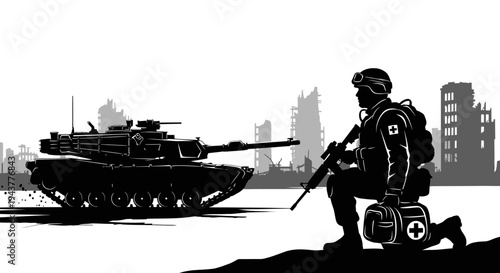 Soldier with medical kit and tank in destroyed city, war zone, medical support