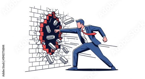 Businessman breaking through brick wall.