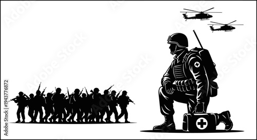 Soldier with medical kit and helicopters, military operation, combat medic, army troops