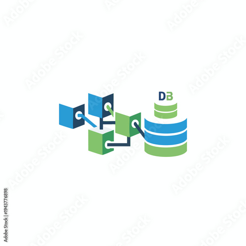 Abstract representation of connected cubes linking to a layered database icon