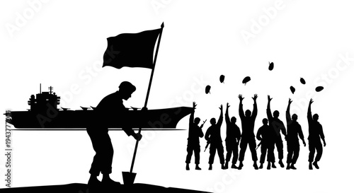 Soldiers Celebrate Victory Raising Flag on Beach with Aircraft Carrier in Background