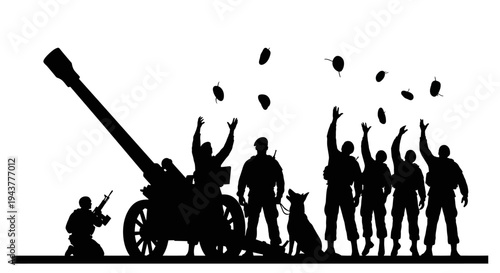 Soldiers Celebrate Victory with Cannon and Dog Silhouette