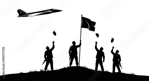 Soldiers Raising Flag with Jet and Grenades, Victory Silhouette