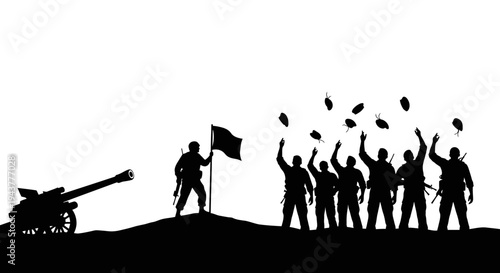 Soldiers Celebrating Victory with Cannon and Flag