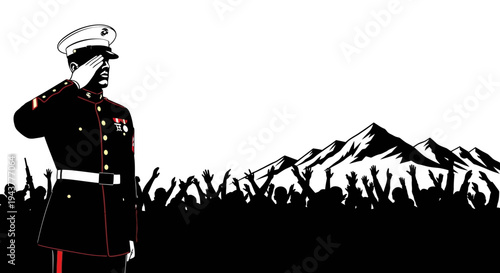 US Marine Salutes Crowd Before Majestic Mountains