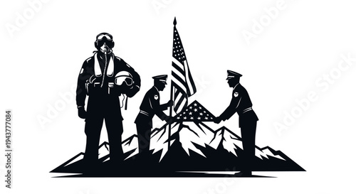 Veterans Honoring American Flag on Mountain Peak: Pilot, Soldiers, Patriotism