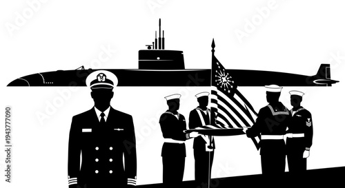 US Navy Submarine Crew Honors Flag with Submarine and Officer Silhouette
