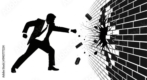 Businessman Breaking Through Brick Wall.