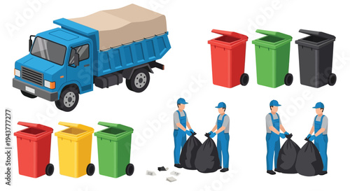 Isometric illustration of a garbage truck bins and sanitation workers