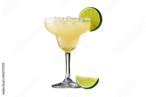 Yellow cocktail in margarita glass with salt rim and lime garnish on black drink beverage, Isolated On White Background, Png Transparent