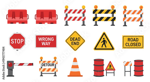 Construction and traffic control elements displayed in a colorful arrangement