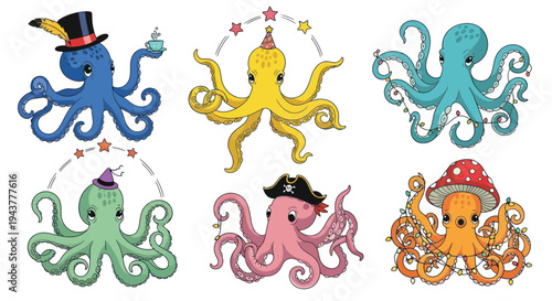 Cute Cartoon Octopuses - Party, Pirate, Mushroom Hat & More