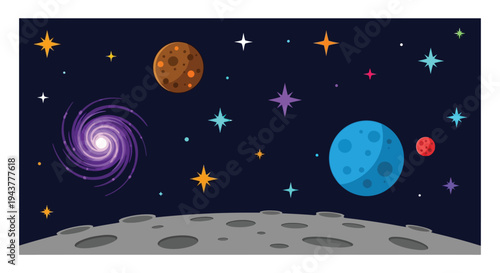 Colorful illustration depicting planets stars and a galactic spiral in space