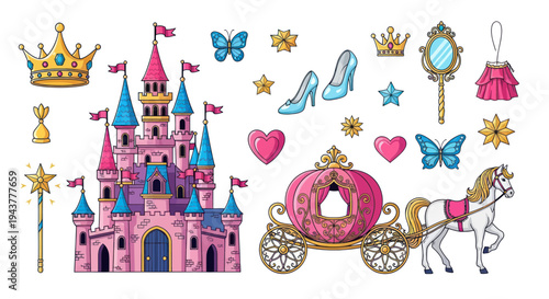 Fotografija Fairy Tale Castle, Carriage, Horse, Crown, Wand, Shoes, Butterflies, Stars, Hear