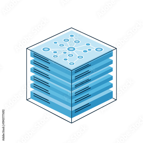 Isometric depiction of a stacked server rack with network connections on top