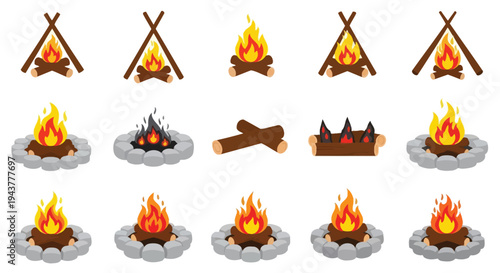 Cartoon illustration of various campfires and burning wood piles