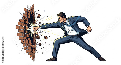 Businessman Breaking Through Brick Wall.