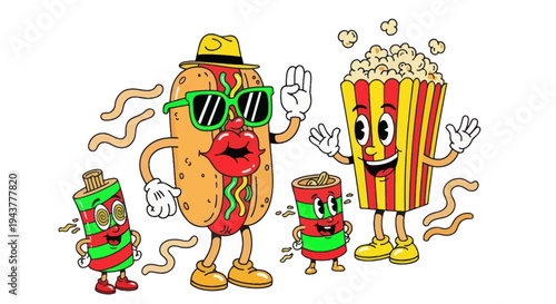 Retro Cartoon Hot Dog, Popcorn, Soda, and Fries Characters Dancing