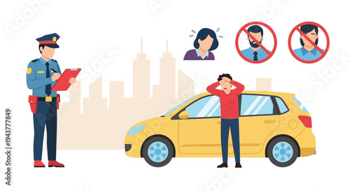 Police officer investigates a car accident with distressed people nearby