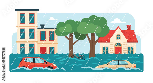 A flooded neighborhood scene with houses trees and submerged vehicles