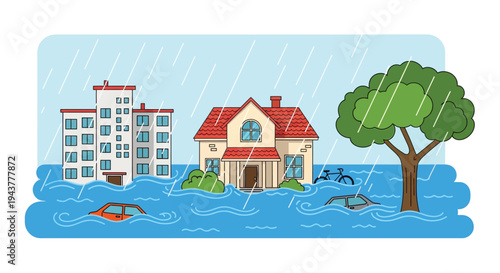 A flooded town scene with buildings partially submerged in rainwater