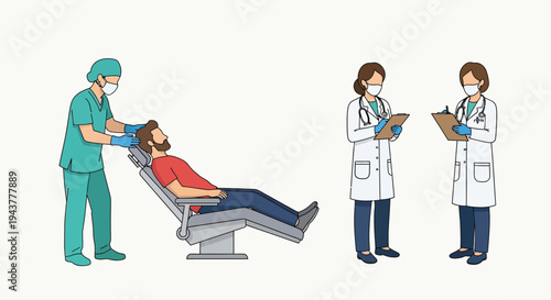 A dentist examines a patient with medical staff present in clinic