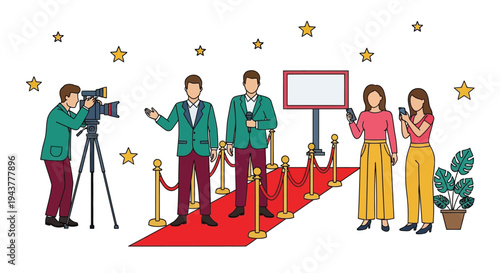 Celebrities walking a red carpet with photographers and a film crew