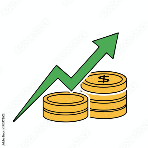 Green arrow points upward over stacks of gold coins