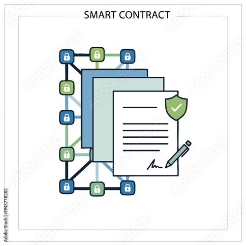 Conceptual illustration of a smart contract with blockchain elements and a signed document