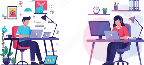 Modern remote work and office workspace concept showing freelance professionals working on computers at home desk with laptop, productivity tools and digital communication technology illustration