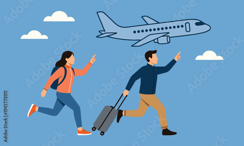 Travelers running toward airplane with luggage illustration representing last minute boarding, airport rush, airline travel urgency and passenger departure concept in modern flat style