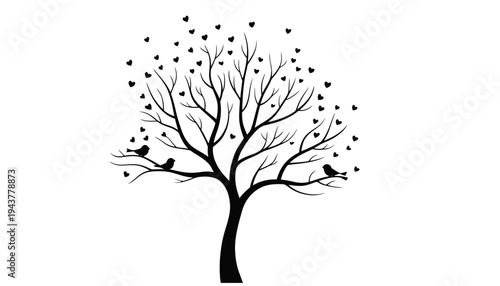 Tree silhouette with birds and hearts on a white background