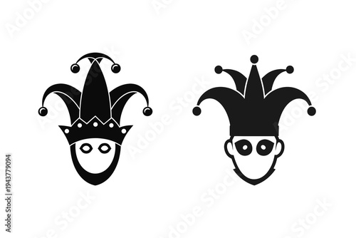 jester heads with pointed hats and bells featuring heart and smiling scalloped mask face Silhouette designs 