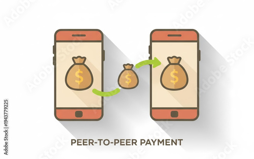 Peer-to-peer money transfer illustration with smartphones and money bags symbolizing financial exchange