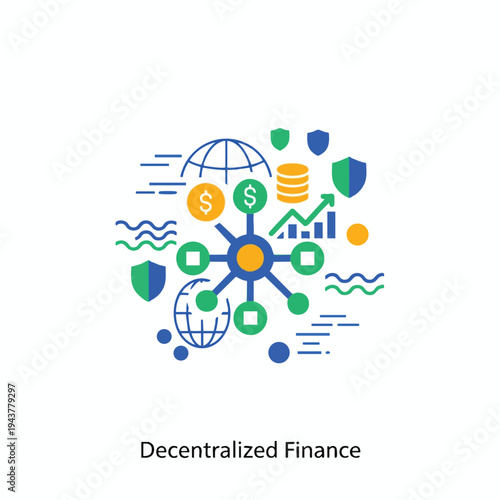 Abstract illustration of decentralized finance elements network, globe, money, graph, shields