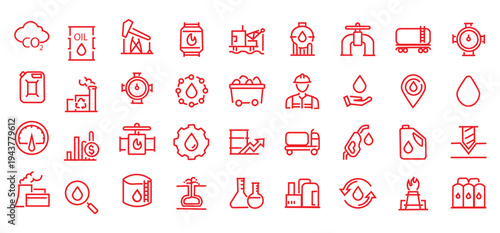 Oil and Gas web icons in line style. Fuel, gas station, refinery, petroleum, oil well, gas pump, energy, barrel, industry, transportation, collection. Vector illustration.