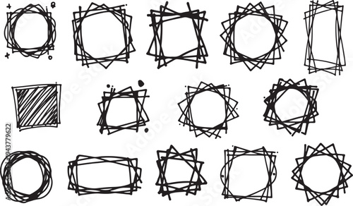 Collection of hand-drawn scribble frames and doodle borders featuring circular, square and rectangular sketch shapes for creative design, scrapbooking, social media graphics, logos and stationery