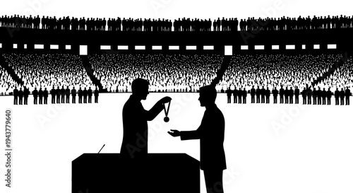 Award Ceremony Silhouette: Man Receiving Medal in Stadium Crowd