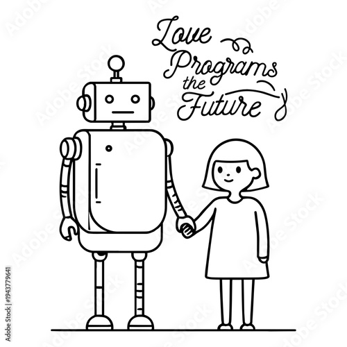 Black and white silhouette of a girl holding hands with a robot