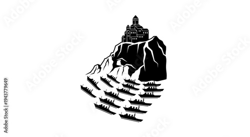 Black and white illustration of a fleet of boats approaching a castle on a cliff