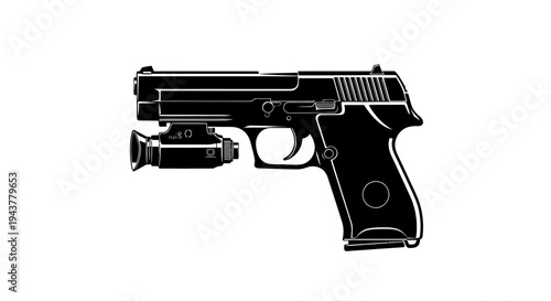 Black pistol with tactical flashlight attachment, isolated on white background, studio shot