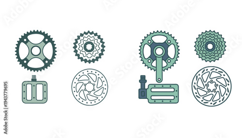 Bicycle gear icon set with cogwheel and pedal illustrations
