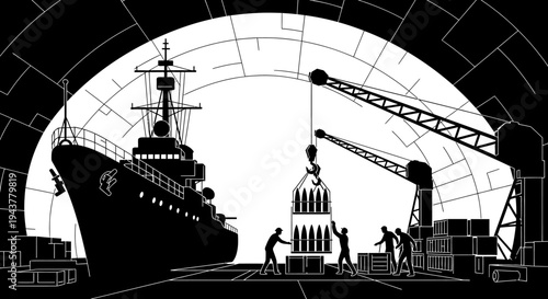 Cargo Ship Loading and Unloading with Cranes and Workers in Industrial Port